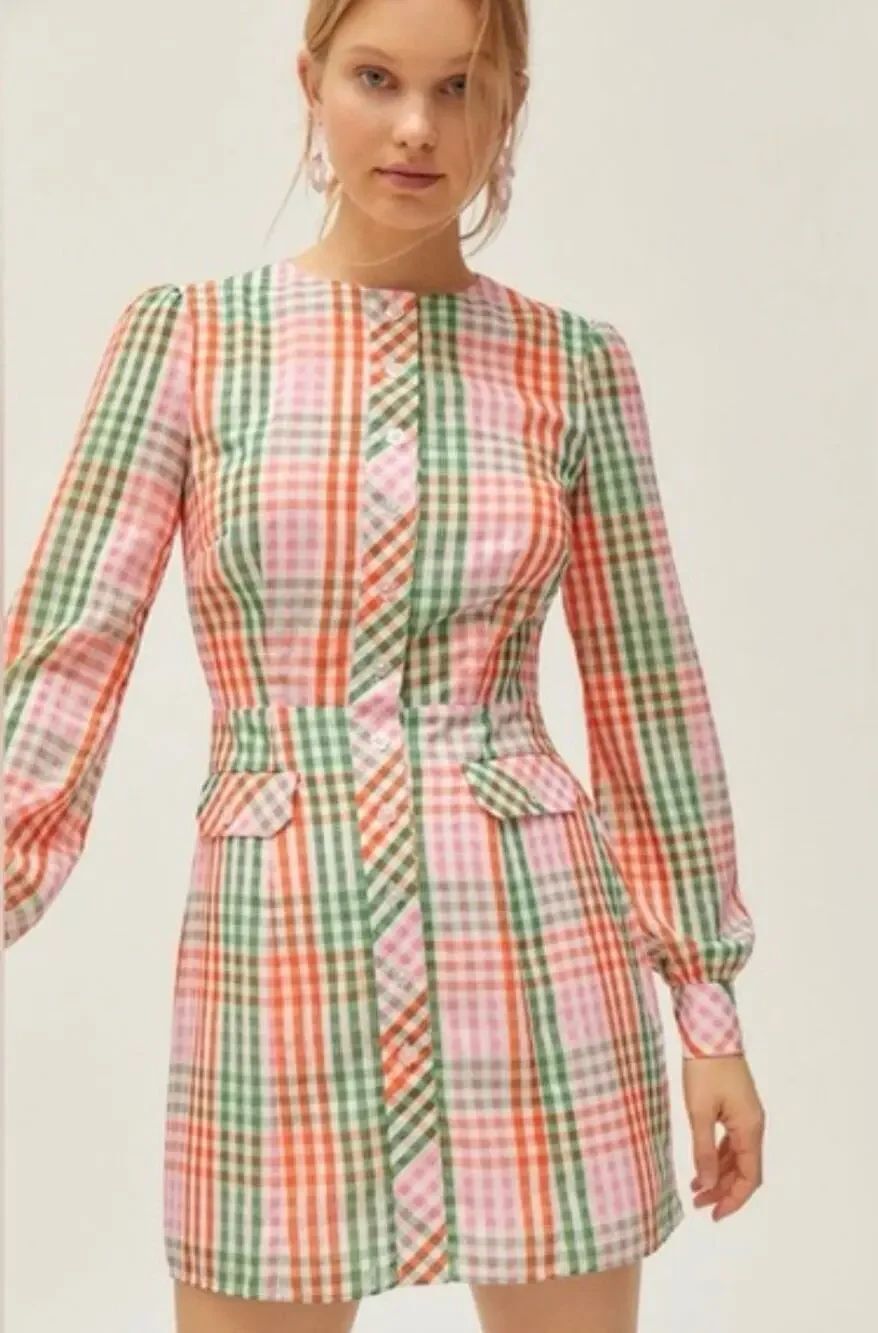 The East Order Romee Checkered Long-Sleeve Mini Dress Sz. S